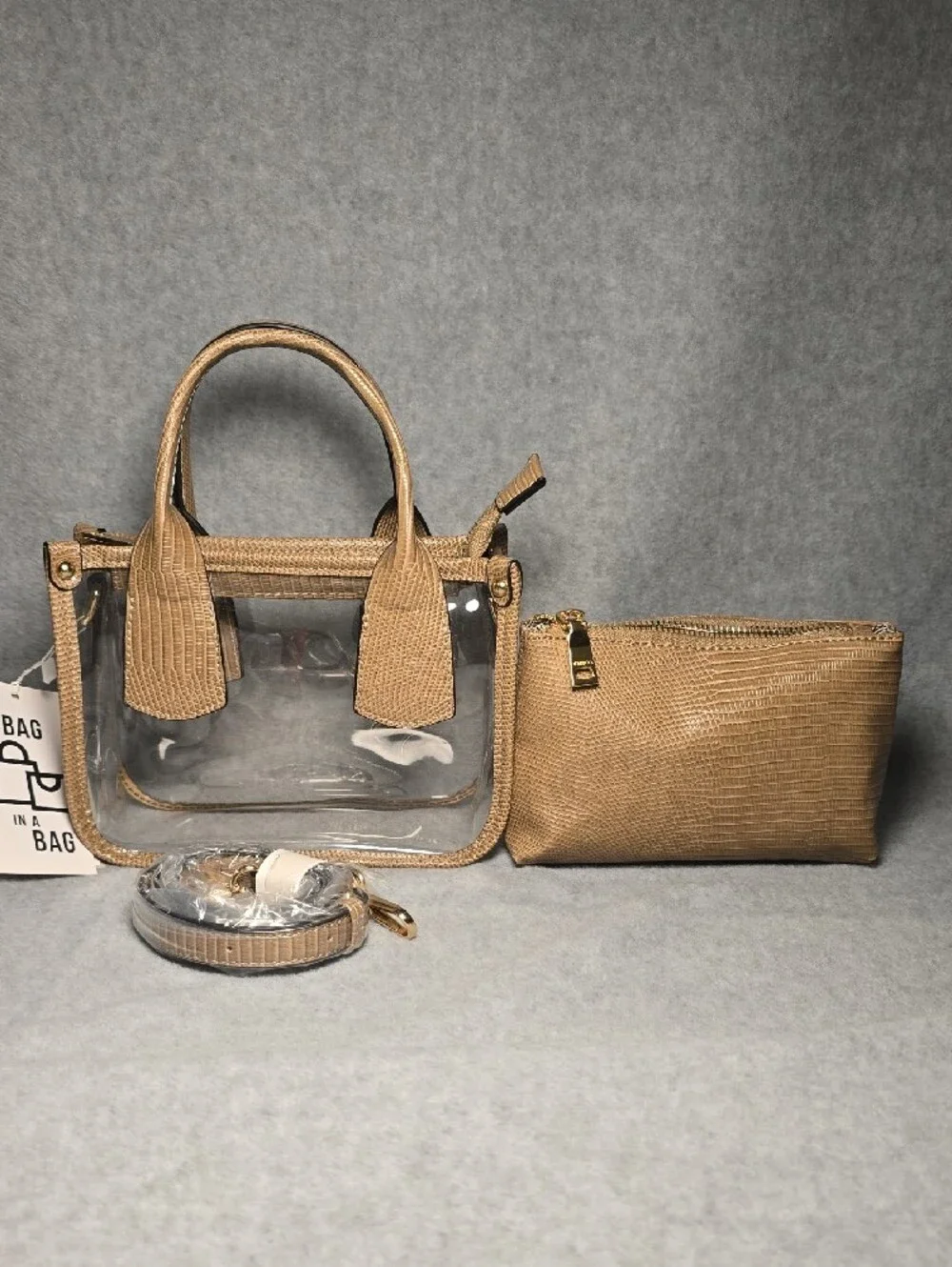JEN & CO. Stacey Bag In a Bag Taupe Vegan Lizzard Embossed Mini Satchel